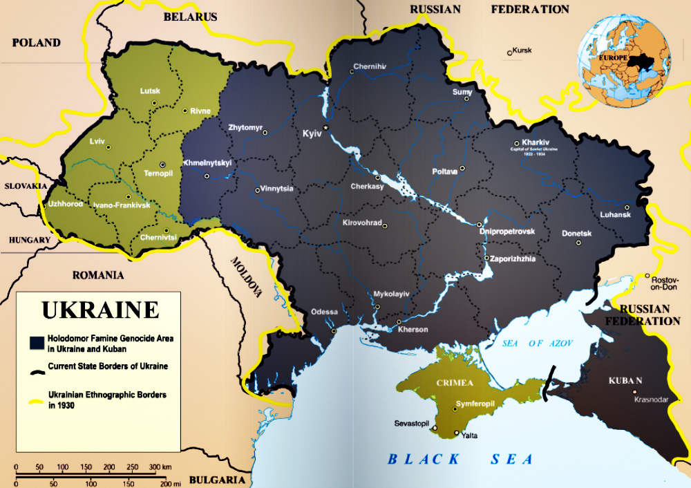 Cartina dell’Ucraina con le aree in cui è stato perpetrato il Holodomor